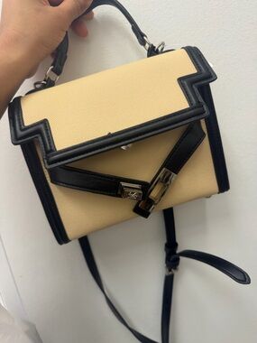 Structured Top-Handle Crossbody Bag in Beige and Black